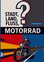 Text: "STADT, LAND, FLUSS, MOTORRAD", "60 x A4 Spielblöcke". Illustration: Motorradfahrer auf bunter Straße.