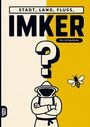 "Stadt, Land, Fluss, Imker. 60 x A4 Spielblöcke." Illustration mit Imker und Biene, große Fragezeichen.