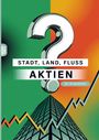 "STADT, LAND, FLUSS AKTIEN 60 x A4 Spielblöcke", Fragezeichen, grünes/oranges Design, Börsenkurven und ein Gebäude.