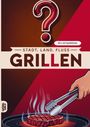 "Stadt, Land, Fluss - Grillen", "60 x A4 Spielblöcke". Illustration eines Grills mit Fleisch und einer Hand mit Grillzange.
