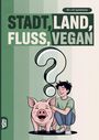 STADT, LAND, FLUSS, VEGAN. 60 x A4 Spielblöcke. Ein lächelnder Mensch krault ein fröhliches Schwein.