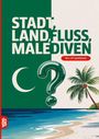 "STADT, LAND, FLUSS, MALÉDIVEN. 60 x A4 Spielblöcke" und "GRÜBEL GOLD". Illustration mit Palme, Strand, Fragezeichen.