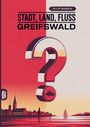 Text: "STADT, LAND, FLUSS GREIFSWALD" und "60 x A4 Spielblöcke". Eine Illustration von Greifswald mit einem großen Fragezeichen.