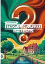 Text: "60 x A4 Spielblöcke, STADT, LAND, FLUSS, SPREEWALD". Illustration eines Fachwerkhauses im Grünen, Kanal im Vordergrund.