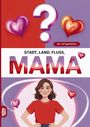 "Stadt, Land, Fluss, MAMA", "60 x A4 Spielblöcke". Illustration einer Frau mit braunem Haar, umgeben von Herzen.