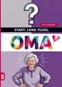 "Stadt, Land, Fluss, OMA", "60 x A4 Spielblöcke", Illustration einer fröhlichen Oma im Pullover mit Händen in der Hüfte.