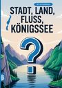 Text: "60 x A4 Spielblöcke", "STADT, LAND, FLUSS, KÖNIGSSEE". Illustration: Fragezeichen in Berglandschaft mit See.