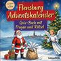 "Flensburg Adventskalender: Quiz-Buch mit Fragen und Rätseln. Illustration mit Weihnachtsmann, Engel und geschmücktem Baum."