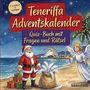 "Teneriffa Adventskalender: Quiz-Buch mit Fragen und Rätsel." Der Weihnachtsmann und ein Engel am Strand.