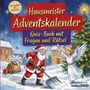 Text: "Hausmeister Adventskalender. Quiz-Buch mit Fragen und Rätsel. Von leicht bis schwer." Illustration: Weihnachtsmann und Engel.