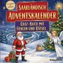 "Saarländisch Adventskalender: Quiz-Buch mit Fragen und Rätsel" steht über einem Weihnachtsmann, Engeln und Bäumen.