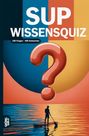 SUP WISSENSQUIZ, 100 Fragen - 400 Antworten. Illustration: Person auf Paddleboard unter großem Fragezeichen.