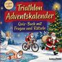 „Triathlon Adventskalender“ und „Quiz-Buch mit Fragen und Rätseln“. Weihnachtsmann tritt in einem Triathlon an.