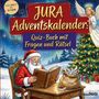 "JURA Adventskalender: Quiz-Buch mit Fragen und Rätsel." Weihnachtsmann liest Buch. Engel, Baum und Geschenke dabei.