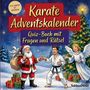 „Karate Adventskalender – Quiz-Buch mit Fragen und Rätsel“. Weihnachtsmann, Karateka und Engel tauschen Faustschlag aus.