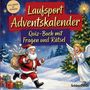 „Laufsport Adventskalender. Quiz-Buch mit Fragen und Rätsel“ oben. Szene: Weihnachtlicher Weihnachtsmann, Engel.