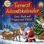 „Tierarzt Adventskalender - Quiz-Buch mit Fragen und Rätsel“. Weihnachtsmann verbindet Rentierbein, Baum und Engel.