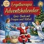 "Ergotherapie Adventskalender. Quiz-Buch mit Fragen und Rätsel." Weihnachtsmann trainiert mit Hanteln, von Engel und Frau begleitet.