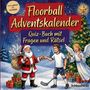Text: „Floorball Adventskalender. Quiz-Buch mit Fragen und Rätsel. Von leicht bis schwer.“

Illustration: Santa und ein Junge mit Floorball-Schläger geben sich die Faust, ein Engel klatscht.