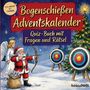 "Bogenschießen Adventskalender: Quiz-Buch mit Fragen und Rätsel." Weihnachtsmotiv mit Santa und Engel beim Bogenschießen.