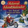 Text: "Motorrad Adventskalender. Quiz-Buch mit Fragen und Rätsel." Illustration: Weihnachtsmann auf Motorrad, Engel, Tannenbaum.
