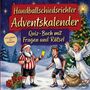 Text: "Handballschiedsrichter Adventskalender. Quiz-Buch mit Fragen und Rätsel. Von leicht bis schwer."  
Illustration: Ein Weihnachtsmann als Schiedsrichter zeigt einer überraschten Person eine gelbe Karte, mit einem freudigen Engel daneben.