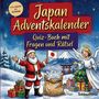 "Japan Adventskalender: Quiz-Buch mit Fragen und Rätsel. Von leicht bis schwer." Ein Weihnachtsmann mit Geschenken in winterlicher Landschaft.