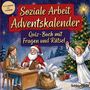 "Von leicht bis schwer. Soziale Arbeit Adventskalender. Quiz-Buch mit Fragen und Rätsel." Illustration mit Santa, Frau und Engel.