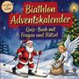 „Biathlon Adventskalender. Quiz-Buch mit Fragen und Rätsel.“ Santa auf Skiern und ein Engel mit einem Sack in einer verschneiten Landschaft.