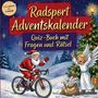 "Radsport Adventskalender: Quiz-Buch mit Fragen und Rätsel." Illustration von Weihnachtsmann auf Fahrrad und jubelndem Engel.