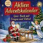 "Von leicht bis schwer", "Aktien Adventskalender", "Quiz-Buch mit Fragen und Rätsel". Weihnachtsmann mit Computer.