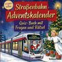 „Straßenbahn Adventskalender: Quiz-Buch mit Fragen und Rätsel“. Illustration einer Bahn mit Weihnachtsmann und Engel.