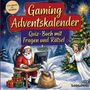 „Gaming Adventskalender“ und „Quiz-Buch mit Fragen und Rätsel“. Santa spielt Computerspiel, daneben ein jubelnder Engel.