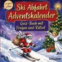 „Ski Abfahrt Adventskalender: Quiz-Buch mit Fragen und Rätsel“. Ein fröhlicher Weihnachtsmann beim Skifahren.