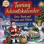 "Tuning-Adventskalender: Quiz-Buch mit Fragen und Rätsel. Von leicht bis schwer." Ein Weihnachtsmann neben einem Auto.