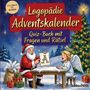 „Logopädie Adventskalender: Quiz-Buch mit Fragen und Rätsel.“ Ein Weihnachtsmann zeigt einem Engel ein „A“.