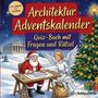 "Architektur Adventskalender: Quiz-Buch mit Fragen und Rätsel. Illustration: Weihnachtsmann zeichnet mit Engel."