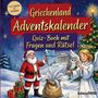 Griechenland-Adventskalender, Quiz-Buch mit Fragen und Rätsel. Santa und Engel mit Eule vor griechischem Tempel.