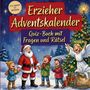 „Erzieher Adventskalender“, „Quiz-Buch mit Fragen und Rätsel“. Illustration: fröhlicher Weihnachtsmann mit Kindern vor einem Baum.