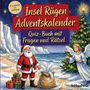 "Insel Rügen Adventskalender, Quiz-Buch mit Fragen und Rätsel." Illustration: Santa am Strand, Engel, Geschenke, Baum.