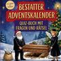 „Bestatter Adventskalender: Quiz-Buch mit Fragen und Rätsel“. Weihnachtsmann und Engel tragen Sarg zu Grab.