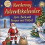 Text: „Norderney Adventskalender. Quiz-Buch mit Fragen und Rätsel.“ Illustration eines Weihnachtsmanns und Engels am Strand.