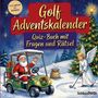 „Golf Adventskalender: Quiz-Buch mit Fragen und Rätsel.“ Ein Engel puttet Golf neben einem weihnachtlichen Weihnachtsbaum.