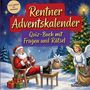 "Rentner Adventskalender: Quiz-Buch mit Fragen und Rätsel". Ein fröhlicher Weihnachtsmann und ein Engel vor einem Baum.