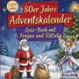 80er Jahre Adventskalender, Quiz-Buch mit Fragen und Rätsel. Illustration mit Weihnachtsmann und Engel vor einem Baum.