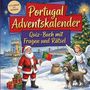„Portugal Adventskalender. Quiz-Buch mit Fragen und Rätsel.“ Illustration: Weihnachtsmann, Engel, Hund, Geschenke.