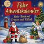 "Föhr Adventskalender: Quiz-Buch mit Fragen und Rätsel. Von leicht bis schwer." Illustration mit Santa, Engel, Leuchtturm.