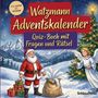 "Watzmann Adventskalender: Quiz-Buch mit Fragen und Rätsel." Illustration: Weihnachtsmann, Engel, Schnee, Geschenke, Baum.