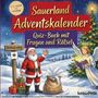 "Sauerland Adventskalender. Quiz-Buch mit Fragen und Rätsel." Weihnachtslandschaft mit Nikolaus und Engel.