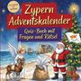 „Zypern Adventskalender. Quiz-Buch mit Fragen und Rätsel.“ Engel mit Widder, Weihnachtsmann mit Zypern-Flagge am Strand.